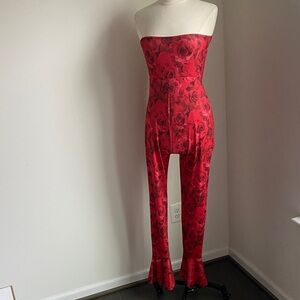 SHEIN Red Floral Jumpsuit Womens Sz Large Strapless Peplum Ankle